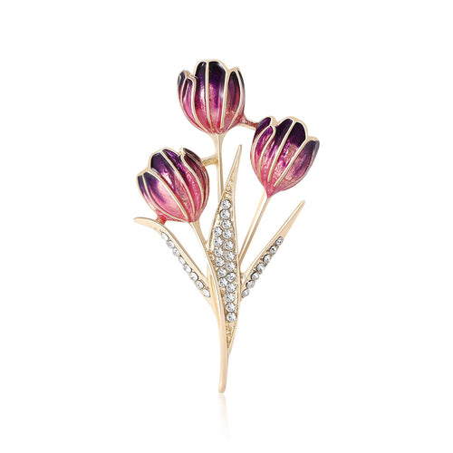 Magenta purple enamel triple tulip brooch upright front