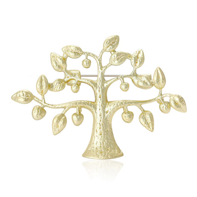 Matte gold fortune tree brooch with textured leaves front view