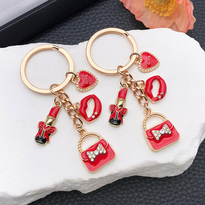 Red Lipstick Handbag and Heart Metal Keychain Collection