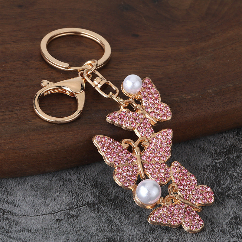 Pearl Butterfly Rhinestone Keychain Metal Car Key Ring Bag Charm