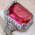 Pink Rectangular Halo Cubic Zirconia Cocktail Ring, Silver-Tone Brass view 3