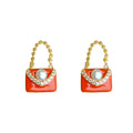 Orange Enamel Handbag Pearl Crystal Gold Tone Earrings view 5