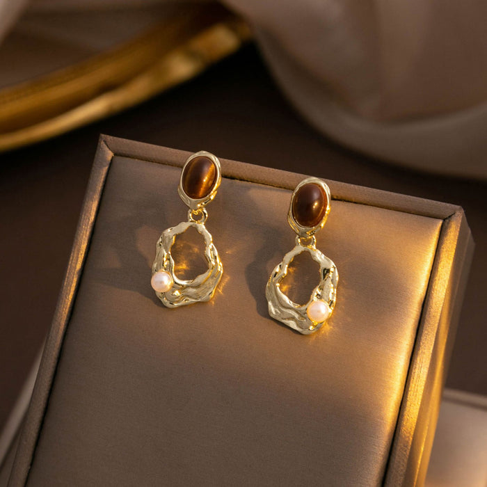Brown Tiger Eye Look Irregular Gold Oval Stud Earrings