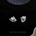 Geometric Dual Pearl Pave Curve Silver Stud Earrings view 4
