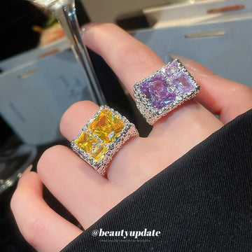 Silver Tone Open Rings Square Yellow Or Purple Stones
