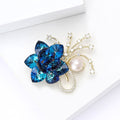 Layered Blue Crystal Flower Brooch With Pearl and Spray Stems view 4