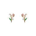 Pink White Dual Tone Tulip Stud Earrings Pearl Leaf view 5