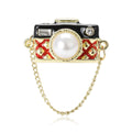 Enamel Camera Brooch With Pearl Lens Chain Gold Tone view 5
