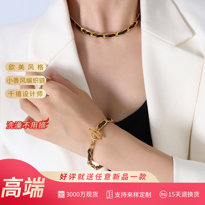 Black Leather Metal Weave OT Toggle Necklace Bracelet