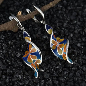 Blue Orange Floral Enamel Twist Earrings Metal Jewelry Design
