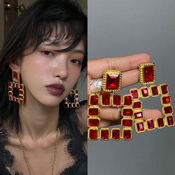 Oversized Square Crystal Earrings In White And Red