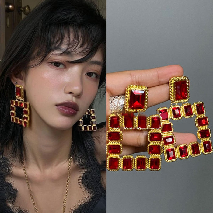 Oversized Square Crystal Earrings In White And Red
