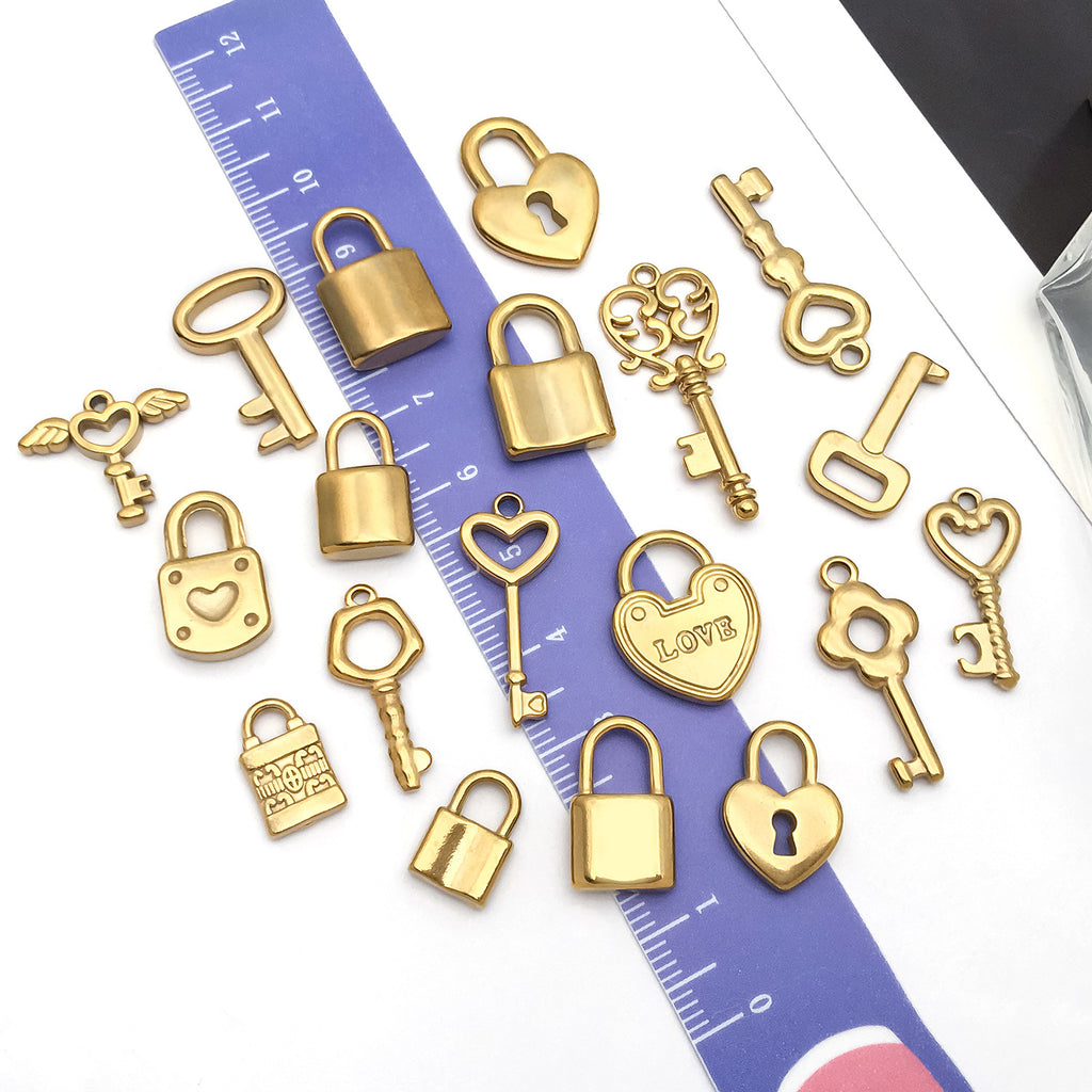 Polished Stainless Steel Heart Lock Key Charm Pendant for Bracelet Necklace DIY