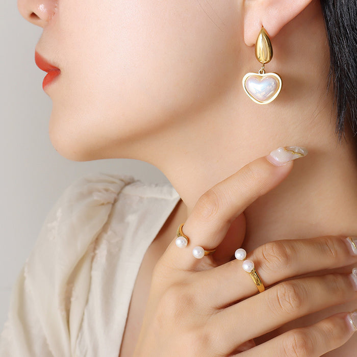 Teardrop Stud Heart Glass Pearl Drop Earrings Gold Steel
