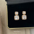 Gold Tone Double Square Clear Stone Drop Stud Earrings For Women view 4
