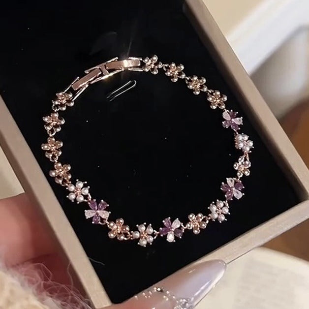 Rose Gold Flower Pearl Clasp Bracelet Purple Crystal Accents