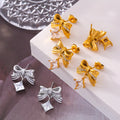 Gold Steel Textured Bow Square Zircon Drop Stud Earrings view 2