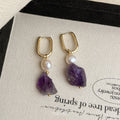 Gold Oval Huggie Pearl Raw Amethyst Stone Drop Earrings view 4