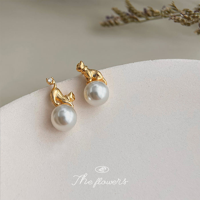 Gold Tone Cat And White Pearl Like Ball Stud Earrings