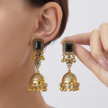 Square Top Ornate Gold Tone Bell Jhumka Long Dangle Earrings view 7