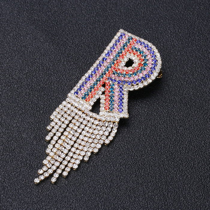 Multicolor Crystal Letter R Brooch with Chain Fringe