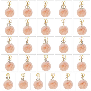 Rhinestone Initial Letter Pom Pom Keychain Peach Purple