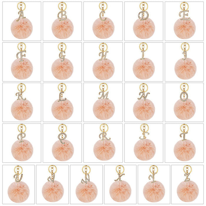 Rhinestone Initial Letter Pom Pom Keychain Peach Purple