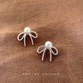 Silver Wire Bow Detachable White Pearl Stud Earrings view 3