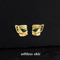 Gold Abstract Face Mask Stud Earrings Green Enamel Eyes view 3