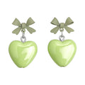 Sage Bow Lime Green Heart Drop Earrings Glossy Finish view 5