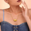Large Polished Oval Bean Pendant Snake Chain Necklace Gold Tone view 2