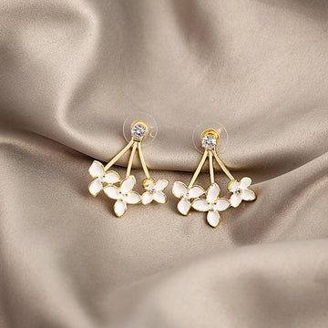 Gold White Enamel Flower Cluster Drop Stud Earrings