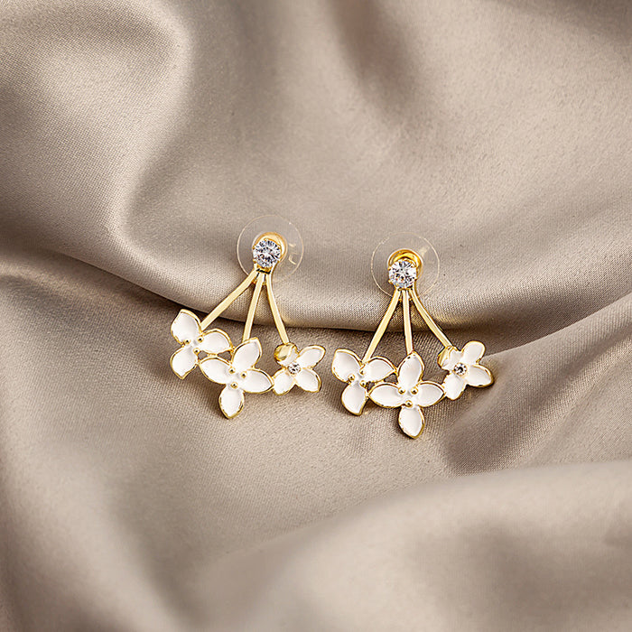 Gold White Enamel Flower Cluster Drop Stud Earrings