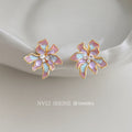 Gold Tone Iridescent Pink Blue Flower Stud Earrings For Women view 4
