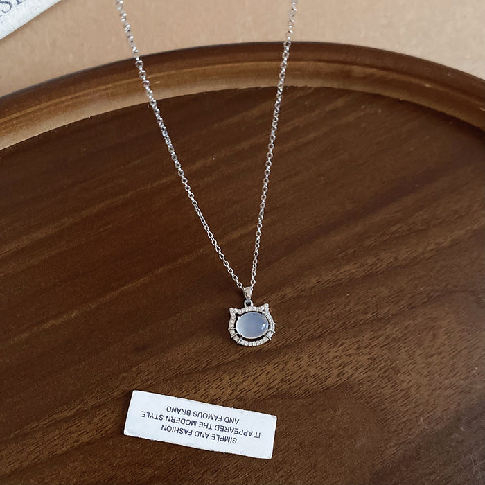 Silver Tone Cat Pendant Necklace with Clear Crystal Border
