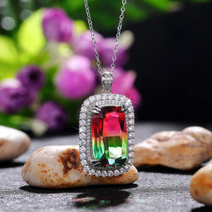 Gradient Rectangular Stone Double Halo Pendant Necklace