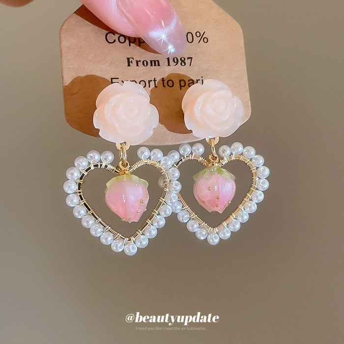 Pink Rose And Heart Drop Earrings With Pearl Borders