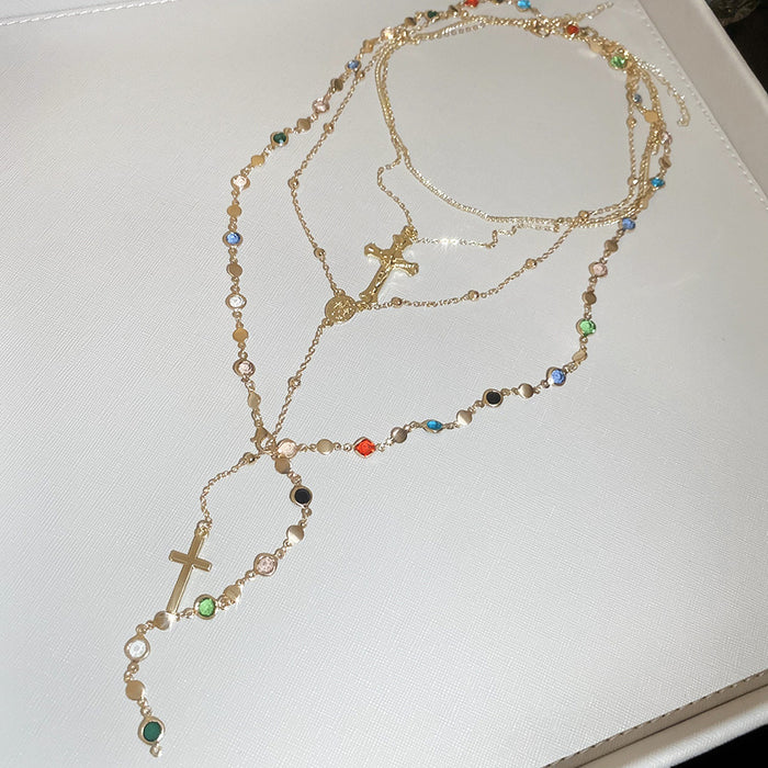Layered Cross and Beaded Chain Necklace Sets in Gold and Silver Tone