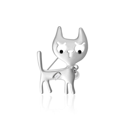 Silver cute cat brooch with pearl charm on white background