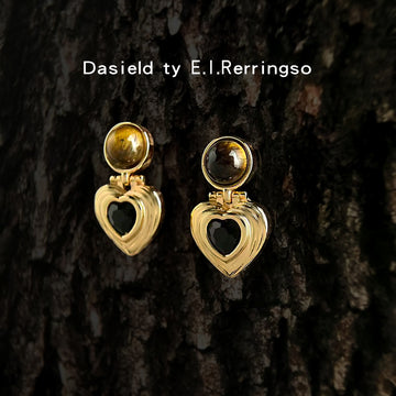 Gold Tiger Eye Stud Ribbed Heart Black Stone Drop Earrings