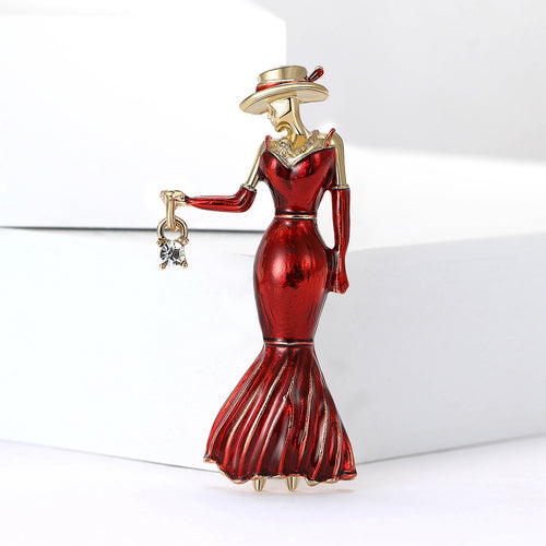Red lady gown brooch front close