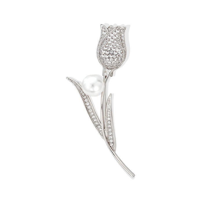 Silver Tone Crystal Tulip Stem Metal Brooch Pin for Jackets