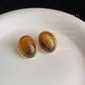 Gold Tone Brown Tiger Stripe Oval Stone Stud Earrings view 4