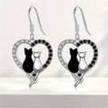 Alloy Heart Drop Earrings, Black and Silver-Tone Cats, 37 mm view 1
