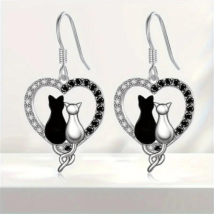 Alloy Heart Drop Earrings, Black and Silver-Tone Cats, 37 mm