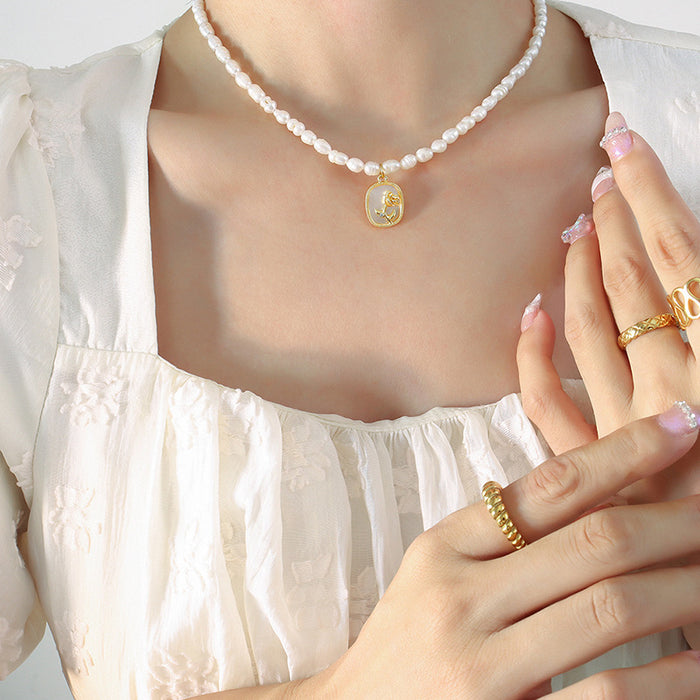 Baroque Pearl Oval Shell Flower Zircon Pendant Necklace