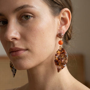 Marbled Acetate Leaf Drop Earrings with Amber and Grey Beads, 8.5cm