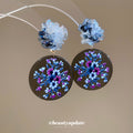 Floral Print Round Disc Earrings with Blue Flower Studs view 3