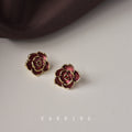 Wine Red Enamel Camellia Flower Stud Earrings Gold Tone Rim view 3