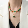 Gold Double Layer Necklace Green Tube Beads Square Pendant view 6